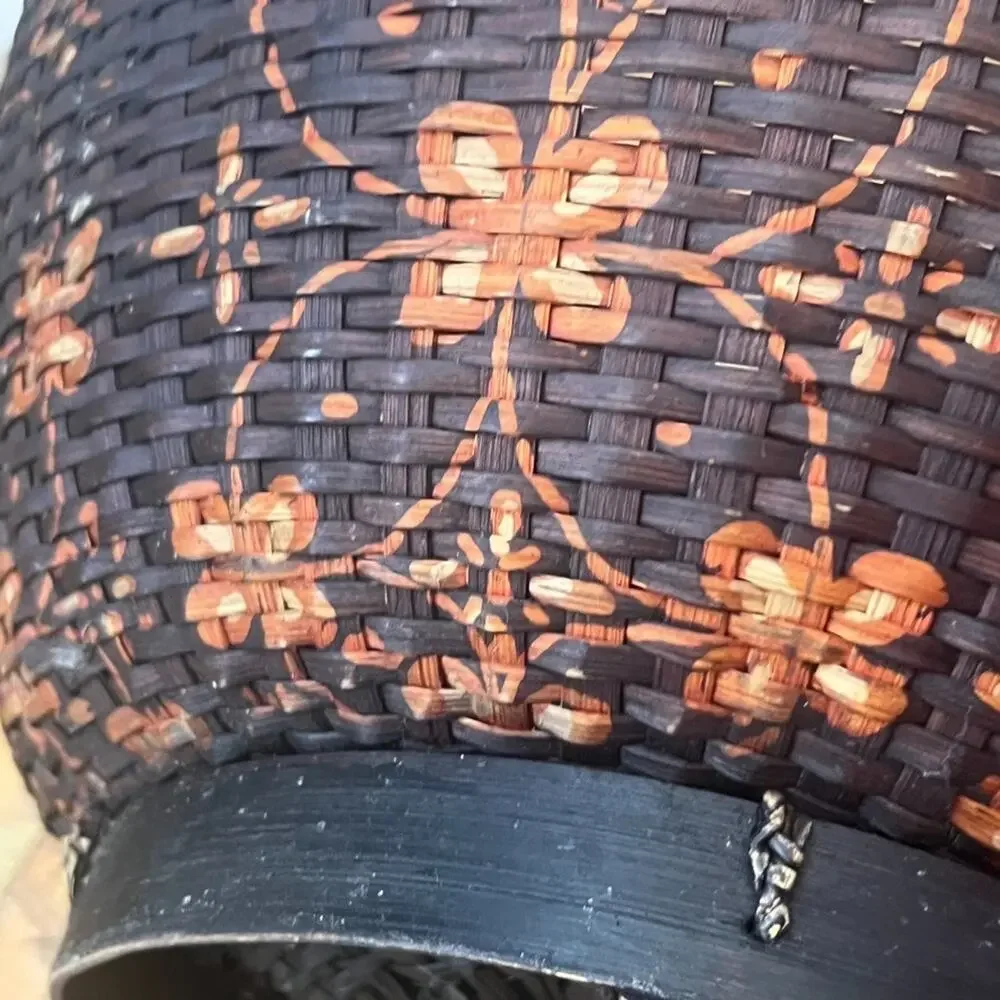 Chinese Woven Basket Round Brown Hand Painted Floral